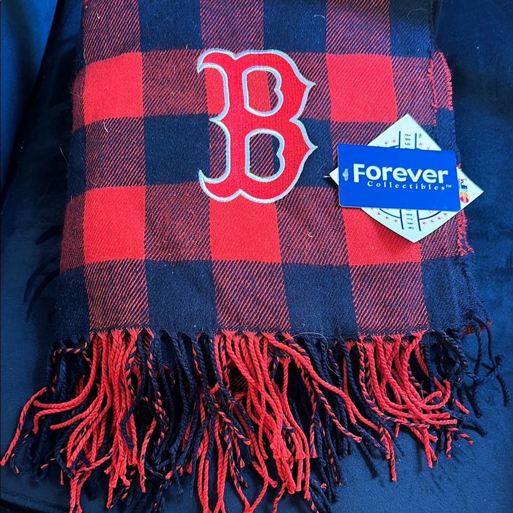 Red and Blue Plaid Scarf with Boston Red Sox Logo